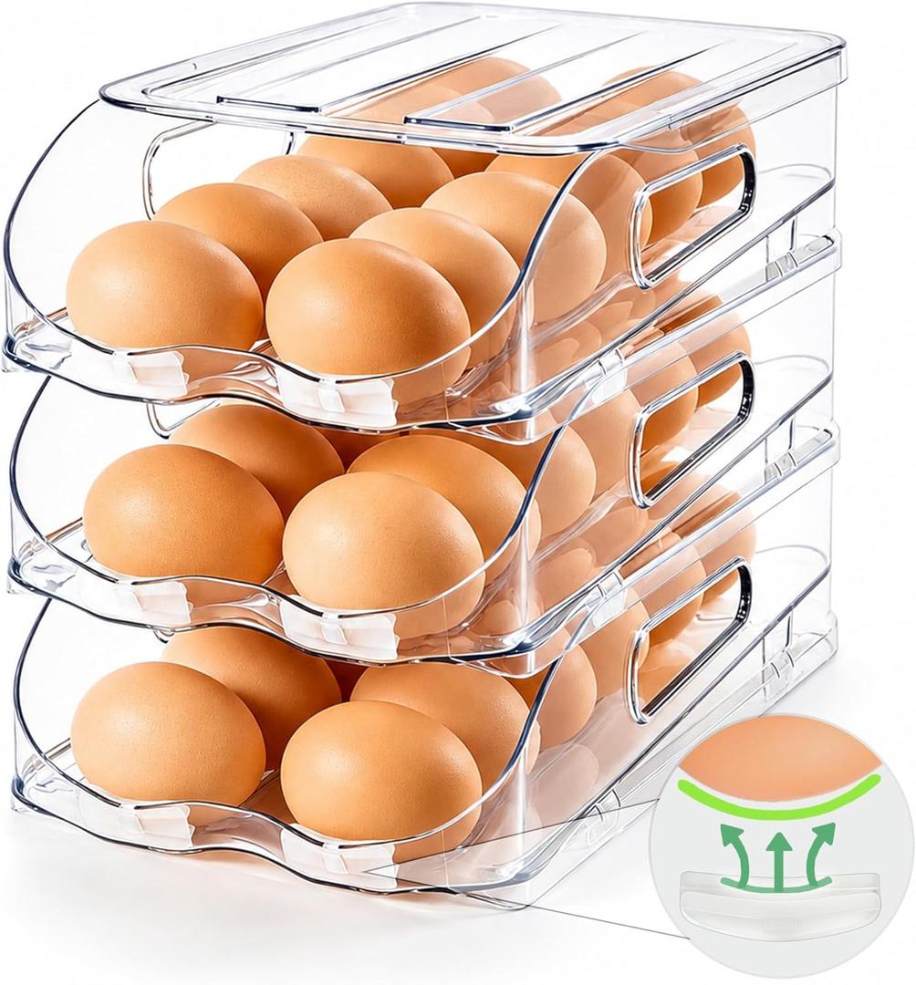SMRCAD Egg Holder for Fridge, Automatic Steady Rolling Egg Container with Soft Bumpers & Handle for Refrigerator, Stackable Fridge Organizers and Storage with Lid ((M SIZE) 3 Tier Holder 36 Eggs)