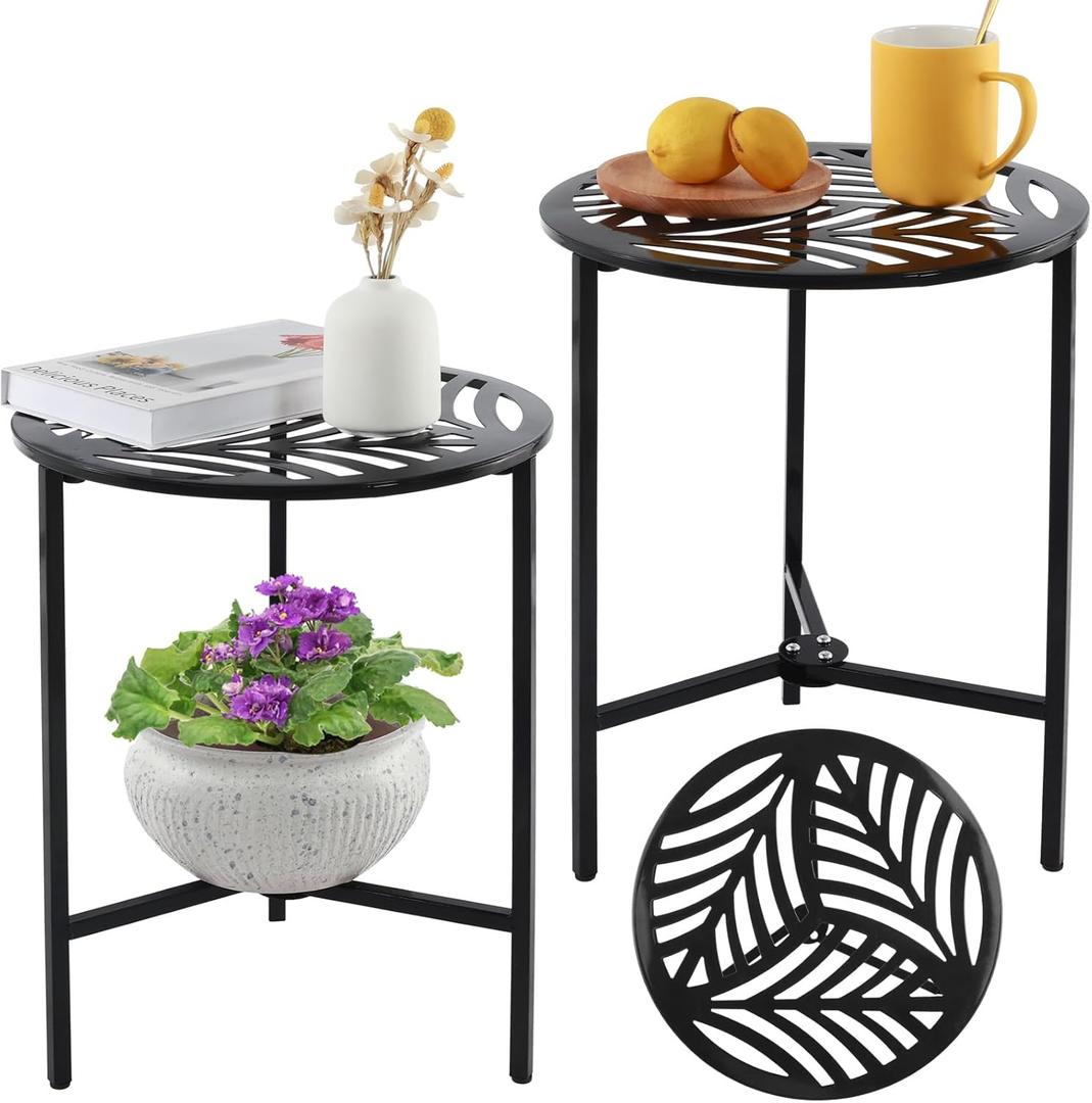 Party Zealot Set of 2 Small Round Metal Side Tables, 13-Inch Black Outdoor End Tables for Patio, Balcony, Porch or Garden  Weather-Resistant Corner Coffee Table for Small Spaces & Indoor Plant Stand (Black Hollow Leaf)