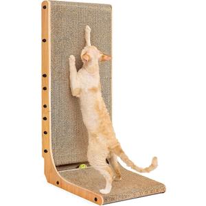 EHEYCIGA Cardboard Cat Scratcher for Indoor Cats, 32 Inch L Shaped Vertical Cat Scratching Board with Ball Cat Toy, Extra Large Cat Scratcher Pad, Brown