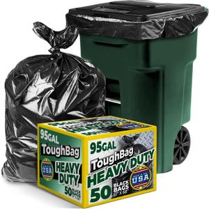 ToughBag 95-96 Gallon Extra-Large Trash Bags, 61x68 Black Garbage Bags, 1.2 Mil Thick (50 COUNT), Heavy-Duty Outdoor 95 Gallon Trash Bags for Storage, Custodial, Landscape - Made In USA