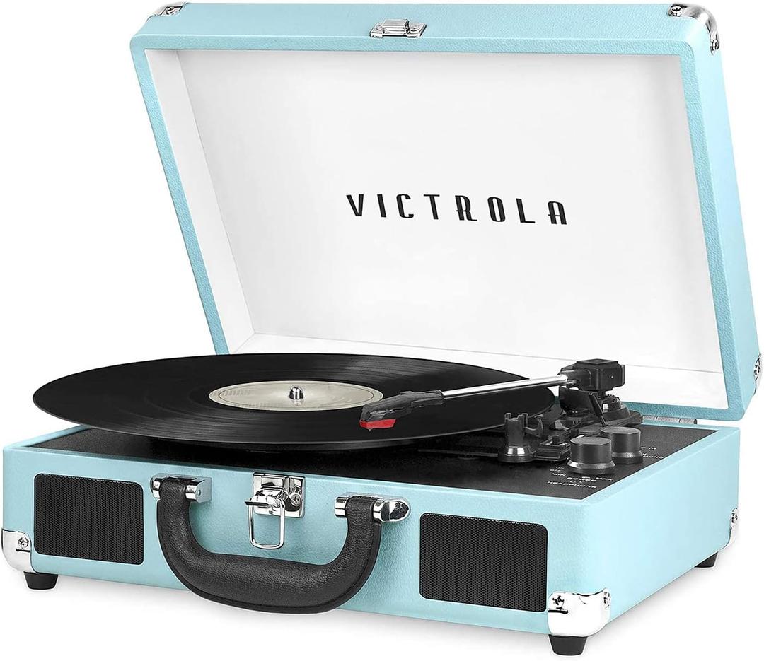 Victrola Journey Bluetooth Portable Suitcase Record Player with Built-in Speakers, 3 Speed Vinyl Record Player, RCA Out, Headphone Jack (Turquoise)