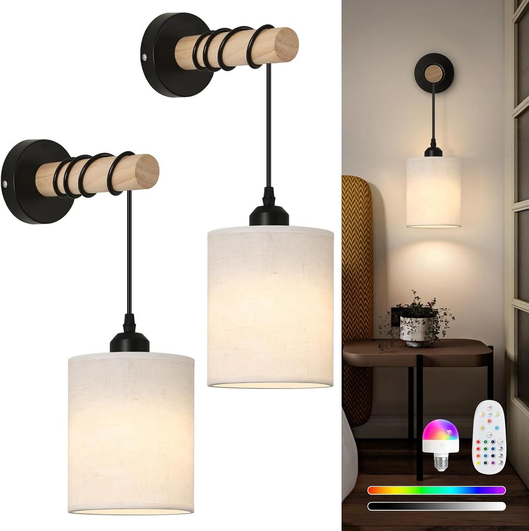Battery Operated Wall Sconces Set of 2,Rechargeable Wireless Wall Lights with RGB & Dimmable Remote, No Wiring Renter Friendly, Modern Wood & Linen Wall Lamps for Bedroom Bedside Living Room.