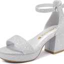 LAURMOSA Silver Dress Shoes for Girls Dress Sandals High Heels for Kids Sandals Flower Girl Shoes Wedding Party Block Chunky Sparkly Heels Size 2 Open Toe Ankle Strap Pumps Big Kids (L1038GlSilver 2)