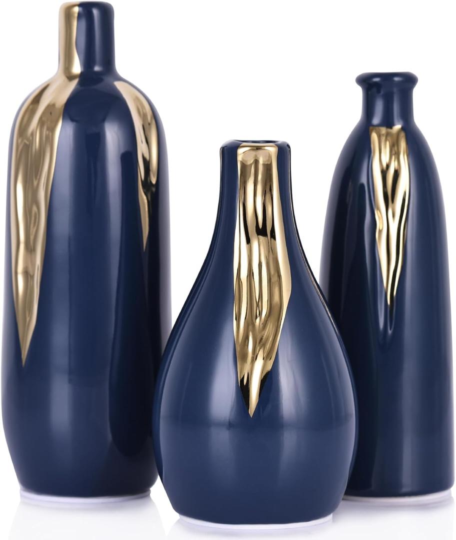 Blue and Gold Mini Ceramic Vase Set of 3, Small Ceramic Vase Set for Decorative, Bud Vases for Centerpieces Nightstand Kitchen, Boho Farmhouse Home Coffee Table Tray Decor