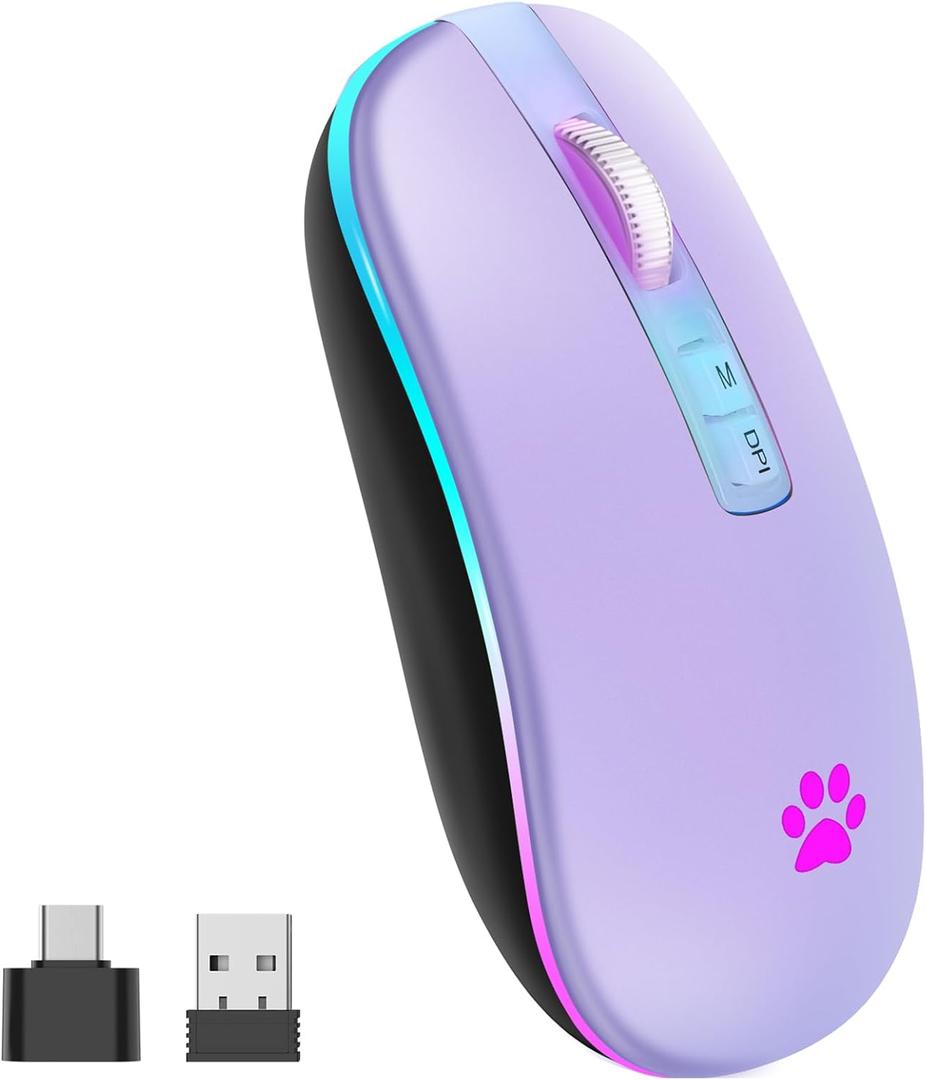 KARFUN Wireless Mouse, Backlit LED Portable Slim Computer Mouses for Laptop, PC, Computer, MacBook, iPad, Chromebook, Notebook, 2.4G Rechargeable Wireless Mouse (Light Purple)