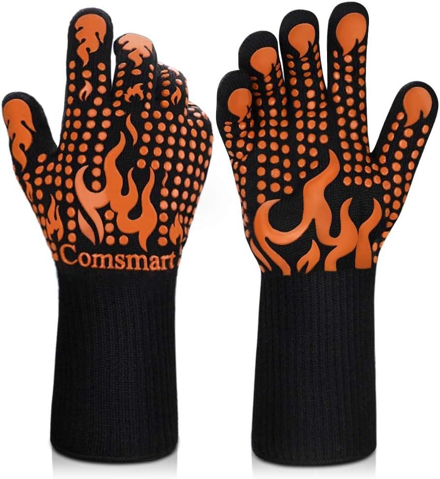 Comsmart BBQ Gloves, 1472 Degree F Heat Resistant Grilling Gloves Silicone Non-Slip Oven Gloves Long Kitchen Gloves for Barbecue, Cooking, Baking, Cutting (Orange)