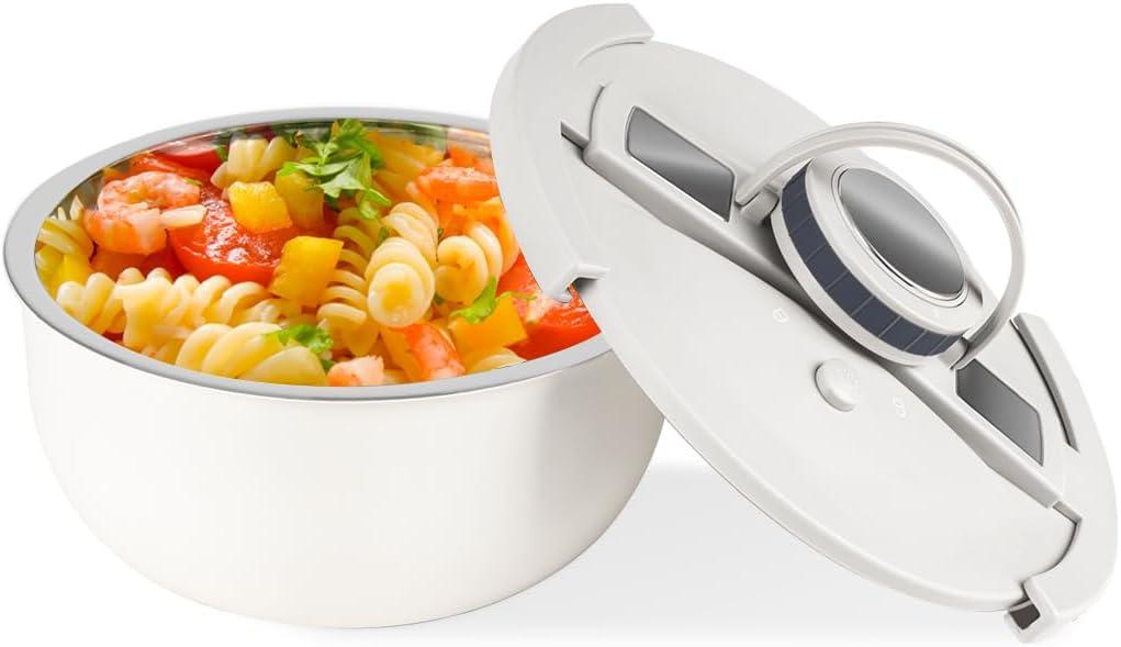 Double-Walled Stainless Steel Insulated Serving Bowl with Leak - Proof Lid - Insulated Casserole Dish - Keeps Food Warm and Cold for Hours - Perfect for Holidays, Parties, Camping - (2Q, White)