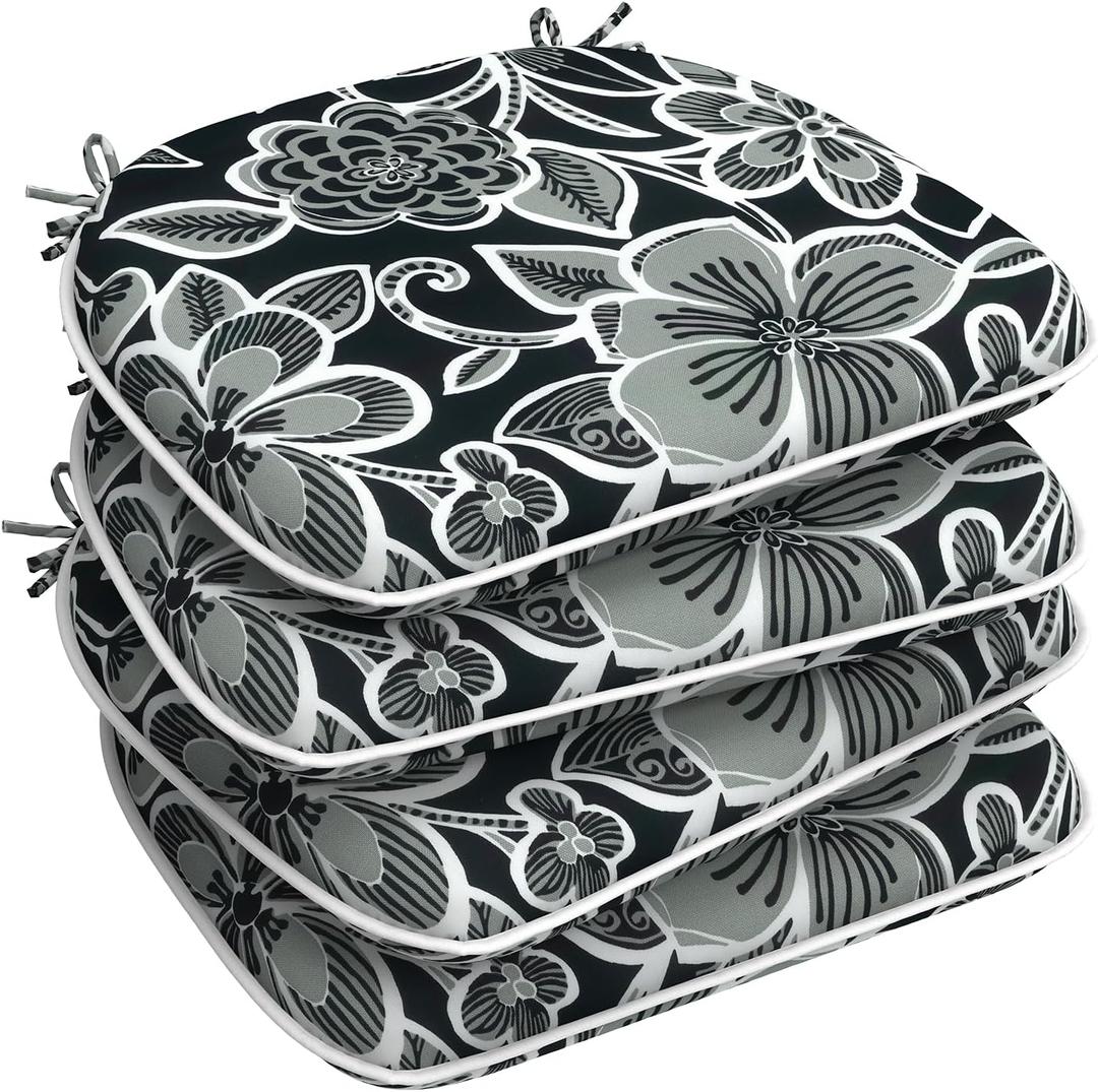 LVTXIII Set of 4 Outdoor Chair Cushions for Patio Furniture, Water Repellent Patio Chair Cushions 17"x16" with Ties, U-Shaped Dining Chair Pads for Garden Kitchen Use, Flower Black