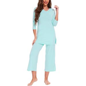 GYS Bamboo Viscose Capri Pajamas for Women Set, Soft 3/4 Sleeve Sleepwear (Blue, S)