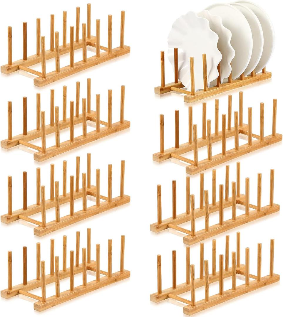 Yinkin 8 Pcs Bamboo Wooden Plate Rack Dish Drying Rack Wood Pot Lid Holder Stand Kitchen Cabinet Organizer for Bowl Cup Cutting Board
