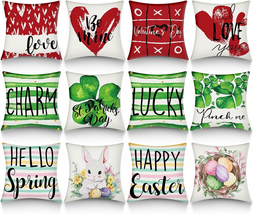 VitalCozy 12 Set St Patricks Day Pillow Covers 18 x 18 Valentine's Day Easter Throw Pillow Covers Holiday Throw Pillowcase Heart Clover Bunny Cushion Case Vintage Pillowcase for Home Couch(Lovely)