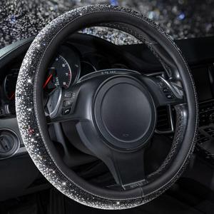 CAR PASS Bling Diamond Leather Steering Wheel Cover, Bling Sparkly Crystal Glitter Rhinestones Universal Fit 14" 1/2-15" Car Wheel Protector for Women Girl Fit Suvs,Vans,Sedans,Trucks, Black Silver