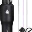 SENDESTAR Water Bottle 32oz,Wide Mouth Stainless Steel Vacuum Insulated Double Wall Keep Liquids Cold or Hot All Day,Sweat Proof Sport Design,Fit Car Cup Holder,2 Lids(Straw and Spout lid)(Black)