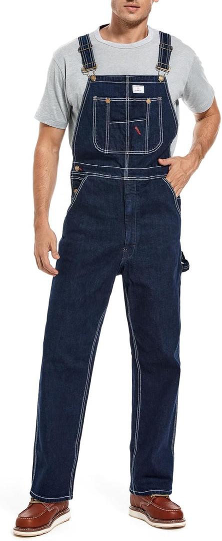 HISEA Men's Denim Bib Overalls, Men's Overalls Workwear with Adjustable Straps and Convenient Tool Pockets (30W x 30L, Washed Dark Indigo)