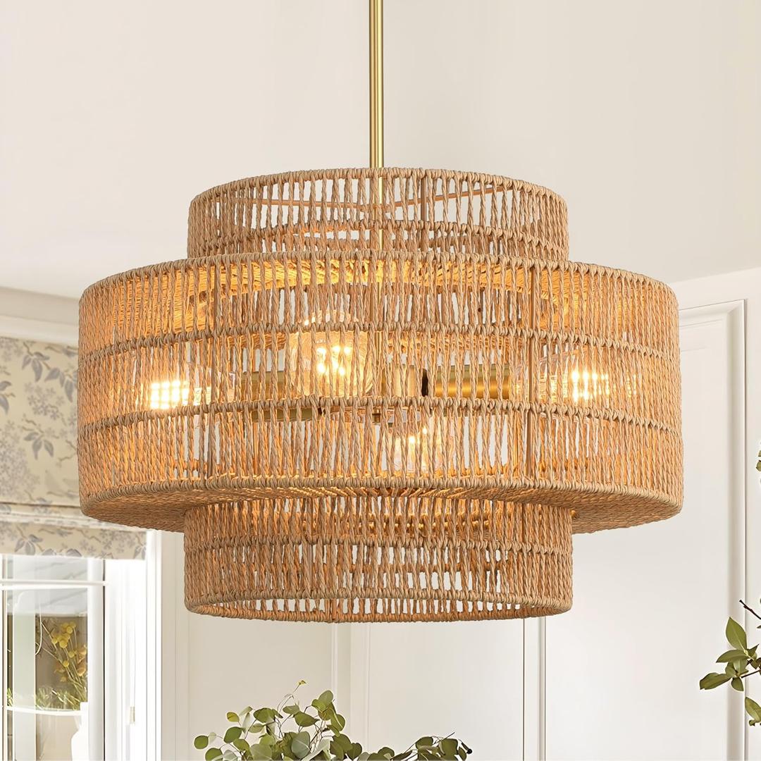 17.7Boho Rattan Chandelier for Dining Room, 4-Light Hand Woven Pendant Light Fixture Farmhouse Rustic Ceiling Hanging for Kitchen Island Bedroom Living Room Nursery Foyer
