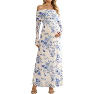 KUTUMAI Off Shoulder Strecth Maternity Dress Long Sleeve Floral Maxi Wedding Guest Pregnancy Baby Shower Photoshoot Dresses (Blue, L)
