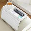 Sofa Arm Tray, Bamboo Large Couch Cup Holder with Hidden Storage, Sofa Armrest Tray Portable Anti-Spill Beverage Snack Remote Holder (White)