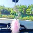 Iron Star and Moon Car Hanging Ornament Rear View Mirror Accessories, Feather Charms Cute Car Accessories for Women, Car Mirror Hanging Accessories Home/Car Decor (Pink)