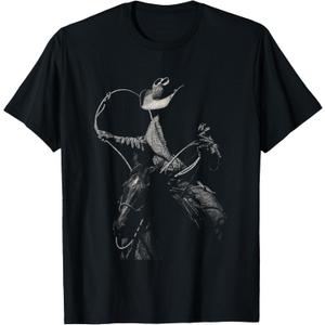 Rodeo Cowboy Dark Western Horse Art T-Shirt (Small, Black)