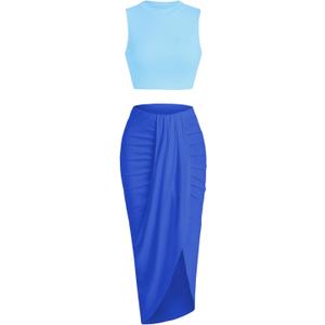 ZAFUL Women's Casual Sleeveless Summer Two Piece Outfits Crop Top and Side Split Draped Ruched Maxi Skirt Set Solid Suiting (Medium, B-mix Blue)