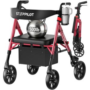 Bariatric Rollator Walker with Seat for Seniors, 500lb Capacity Aluminum Frame, Zero Wobble, 16lb Lightweight, 8" All Terrain Wheels, 10-Level Adjustable Handle/Seat, Cup Holder, Cane Clip