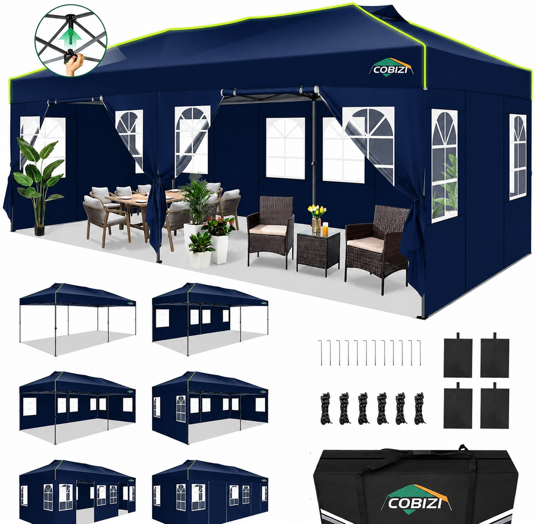 COBIZI 10x20 Pop Up Canopy Tent with 6 Removable Sidewalls, One Push Party Tent Outdoor Waterproof Event Canopy with Air Vent for Parties Commercial Wedding, 3 Height, Carry Bag, Sandbag, Navy Blue