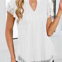 Women's Summer Puff Short Sleeve V Neck Dressy Blouses Shirts Double Layers Casual Loose Fit Mesh Flowy Tunic Tops (White, XXL)