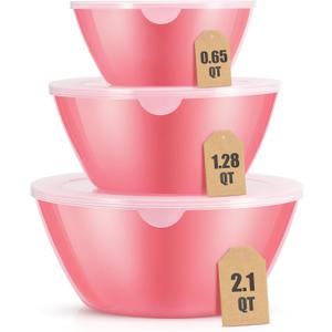 Mixing Bowls with Lids Set of 3 Lightweight Serving Bowl with lid Nesting Plastic Salad Bowls with Lids for Kitchen Prepping, Baking, Serving, Microwave Safe, Dishwasher Safe (Pink)