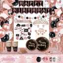 Birthday Decorations For Women, 229 Pcs Rose Gold and Black Happy Birthday Supplies - Disposable Dinnerware Set with 25 Guest, Balloons, Sash, Tiara, Banner, Fringe Curtain, Photo Booth Props