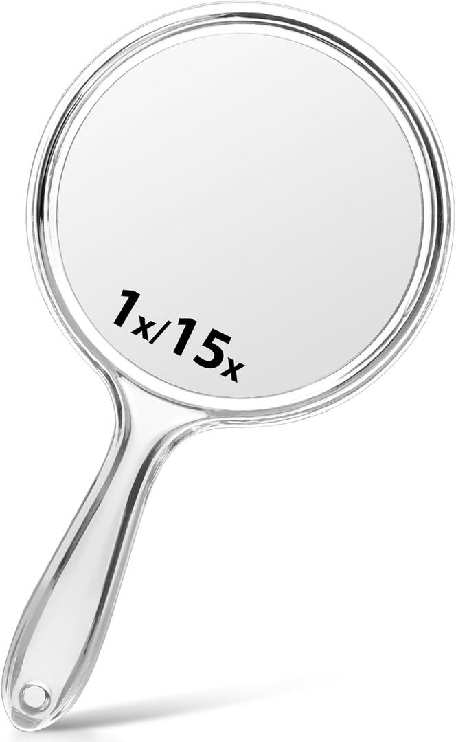 Macaki Hand Mirror, Double-Sided 1X/15X Magnifying Mirror with Handle, Acrylic, 10.5" L x 5.7" W, Clear, Pack of 1