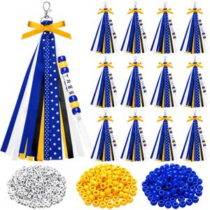 Nosiny 12 Pcs Cheer Keychains Cheerleader Gifts for Team Personalized DIY Bead Ribbon Keychain Kit Cheer Bag Tags for Women (Blue, Gold)