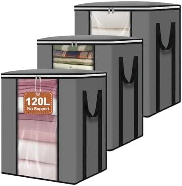 punemi 120L Blanket Storage Bags, Foldable Clothes Storage Organizer with Zipper, Reinforced Handle & Clear windows, Large Storage Bags for Blanket, Comforter, Bedding, Pillow, Clothes, 3Pack, Gray