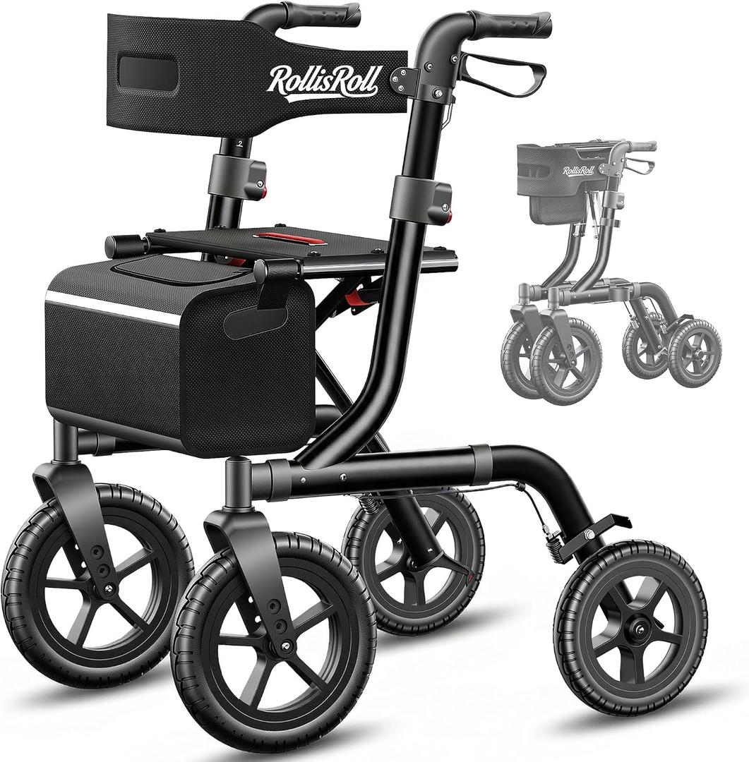 Walkers for Seniors, Rollator Walker with Seat, 12" Big Rubber Wheels All Terrain Rolling Walker, Foldable Rollator Walker, Built-in Cable, Reinforced Aluminum Frame, Black