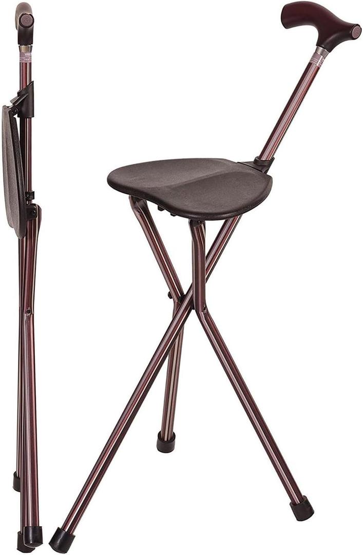 Switch Sticks Folding Walking Cane With Seat For Seniors & Adults, 34 Tall Quad Cane Chair, Lightweight Aluminum Frame - Supports 220 Lbs, Ergonomic Non-Slip Handle - Travel & Outdoor - FSA/HSA