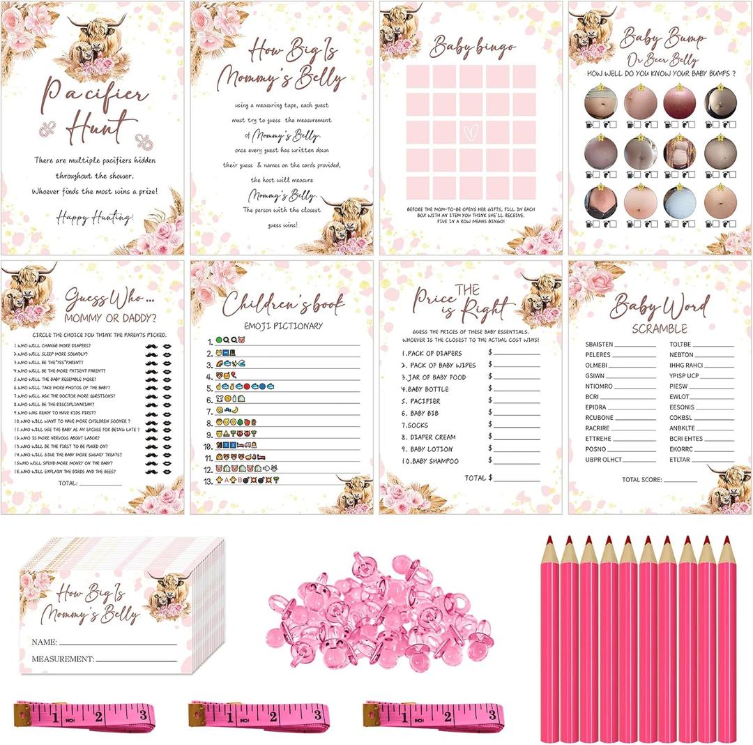 Baby Shower Games for Adults - Complete Party Activity Card Set with Pacifier Hunt, Belly Measuring & Mommy or Daddy Guess - Grown-Up Guest Entertainment Kit-w4