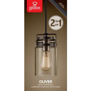 Oliver 1-Light Plug-In or Hardwire Pendant Lighting - Dark Bronze With Antique Brass Socket
