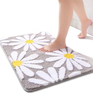 QJHOMO Gray Bathroom Rugs Cute Daisy Bath Mat White and Yellow Flower Decor Rug Non Slip Floor Carpet Microfiber Bathmat Super Absorbent Machine Washable Bathtub Mats for Shower (20x32 inch) (1'8" x 2'8" (Rectangular))