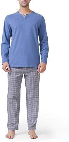 DAVID ARCHY Men's Cotton Pajamas Henley Collar Sleepwear Soft Classic Button-Down Woven Long Sleeve Set (S, Moonlight Blue-Heather Gray Grid)