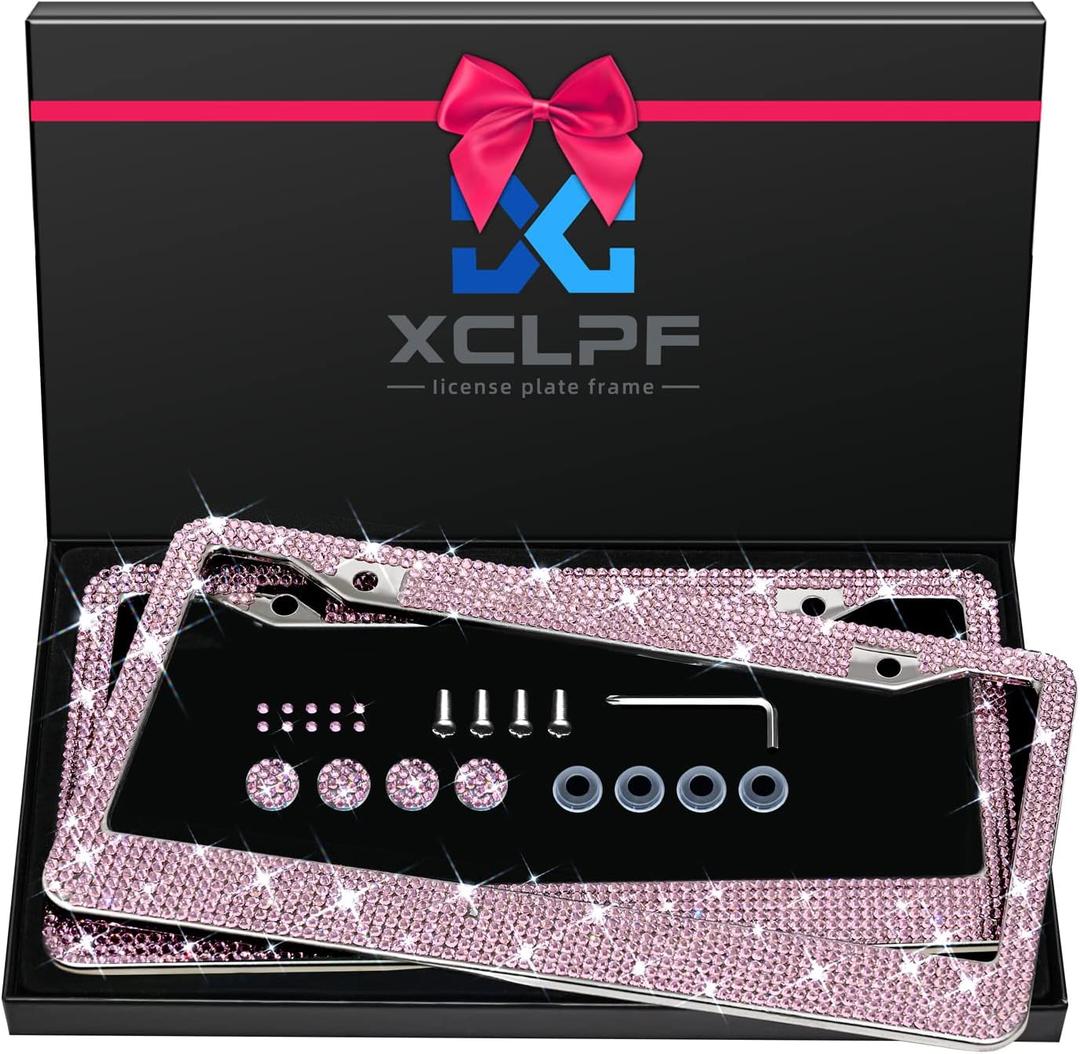 Bling License Plate Frame for Women Sparkly License Plate Frames Stainless Steel Frames & Over 1200 pcs Finest 14 Facets Glass Diamond Rhinestone Crystals w/Free Premium Diamond(Pink)