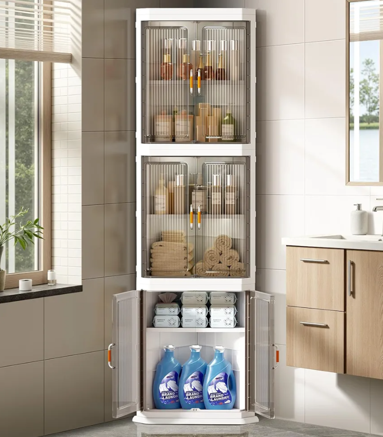 BUMODEL Farmhouse Tall Storage Cabinet Organizer Plastic Bathroom Corner Shelf with 3 Doors and Adjustable Shelves Home Space Saver for Kitchen,Living Room,Laundry Room，Dining Room,Quick Assembly