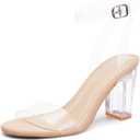 Greatonu Women's Clear Chunky Heels Sandals Open Toe Ankel Strap Block Heel Sandal for Women Dressy Party Wedding Shoes Transparent High Heels Sandals (8, Beige)