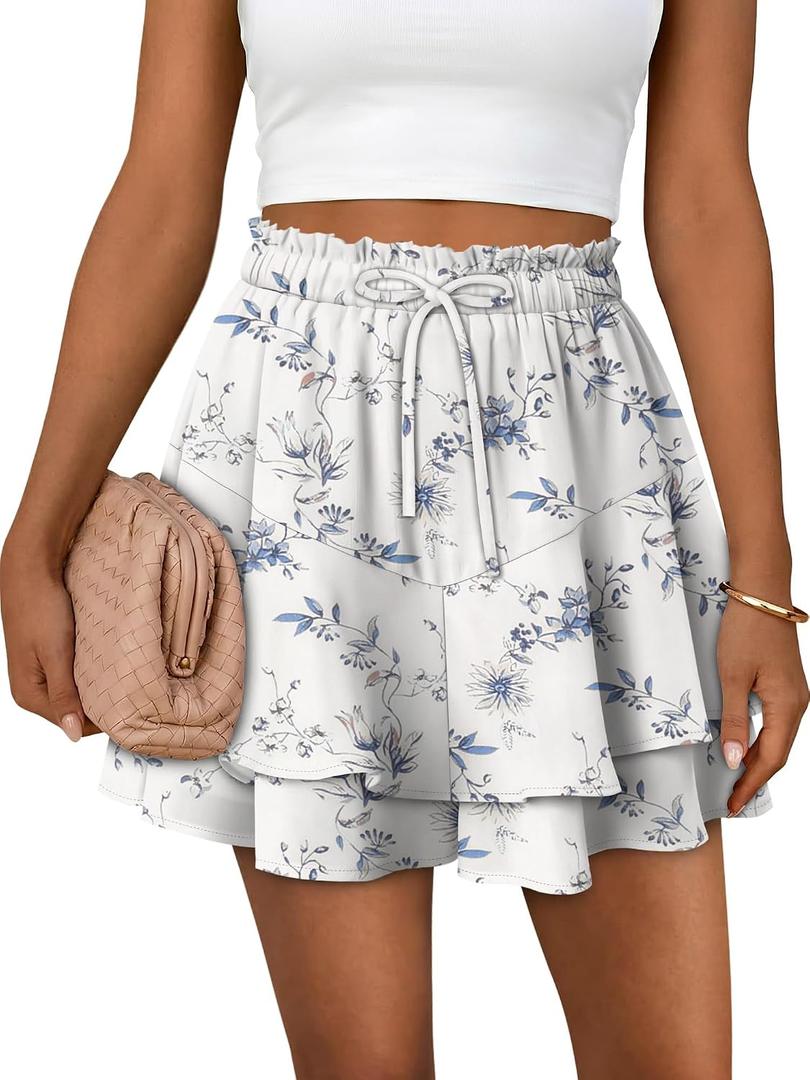 BETTE BOUTIK Womens Summer Chiffon Shorts Flowy Floral Casual Tennis Skorts Ruffle Mini Skirts (White, L)