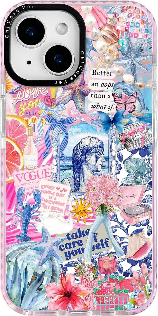 for iPhone 14 Plus & iPhone 15 Plus Case, Coastal Collage Pattern, Cute Soft Slim TPU Compatible with MagSafe, Military-Grade Drop Protection & Camera Protection for Women Girls