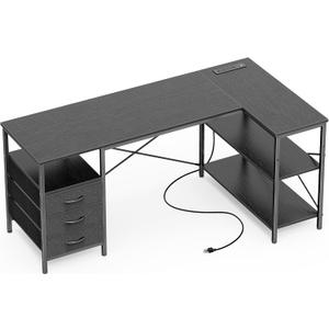 Huuger L Shaped Office Desk with Power Outlets, 55 Inch Computer Desk with 3 Drawers, Shelves, Reverisble for Gaming Corner Work Home Office Study, Black