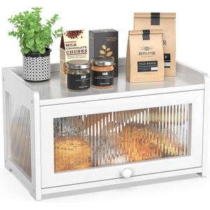 BAMBANG Bamboo Bread Box for Kitchen Counter, Large Capacity Bread Storage Container Farmhouse Bread Box with 3 Sides Wavy & Back Clear Window, Breadbox Bread Bin Holder for Homemade Bread, White