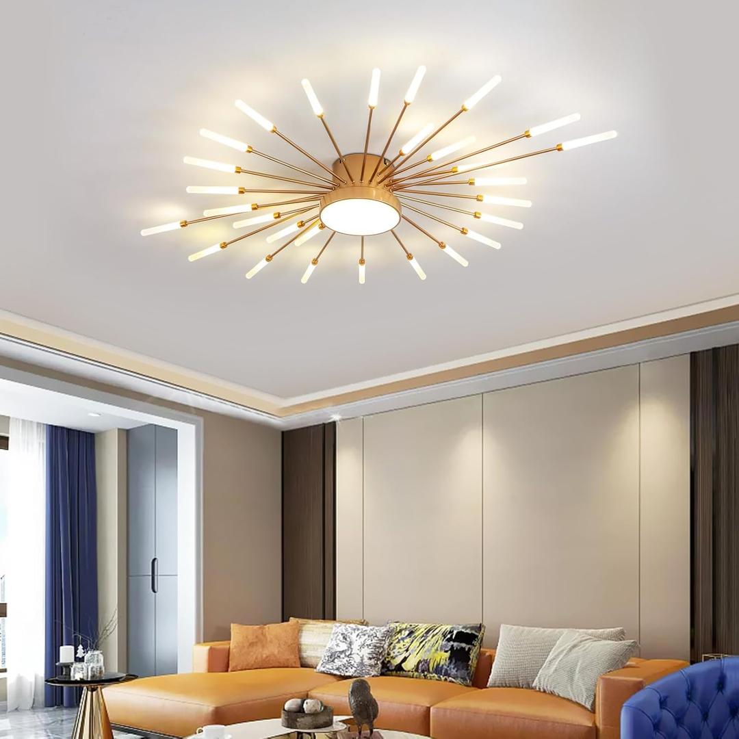 Ceiling Light Modern Flower Shape Ceiling Lamp for Living Room Dining Room Flush Mount Metal Acrylic Sputnik Firework Petal LED Lighting Fixture (Matte Gold, 28+1 Lights)