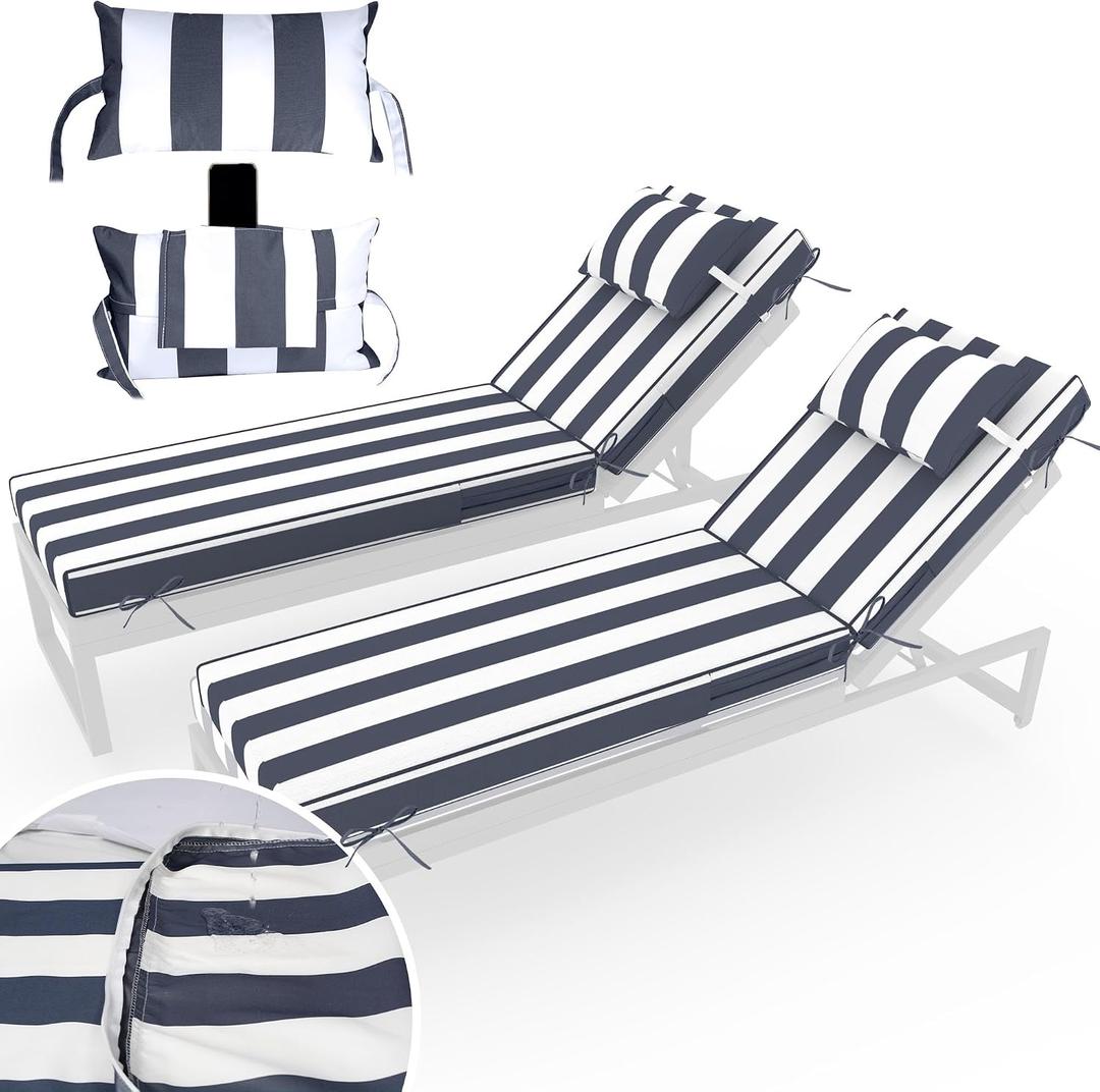 Chaise Lounge Cushions Outdoor Set of 2 Lounge Chair Cushion 80" L x 26" W with Headrest Straps 3'' Thick Waterproof Patio Chaise Cushions Pool Lounger Chair Cushion(Blue Stripe)