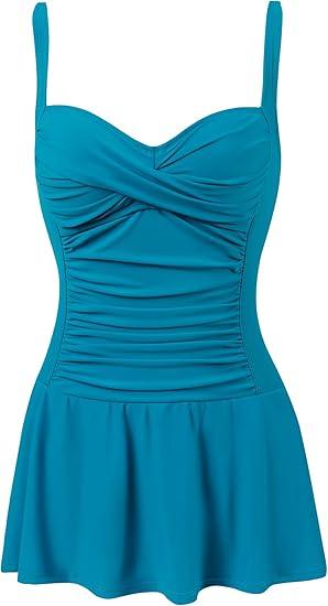 Womens Tummy Control One Piece Swimsuit with Skirt Retro Swimdress