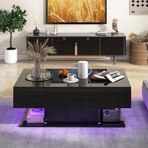 Modern LED Coffee Table - 2-Tier Center Table w/ 2 Storage Drawers, Adjustable Brightness & Speed, 20-Color Light, 43.5''L Rectangular High-Gloss Finished Table for Living Room (Black)