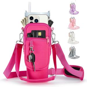 linmaya Water Bottle Carrier Bag with Phone Pocket for Stanley Cup 40/30oz,Insulated Neoprene Water Bottle Holder Cross-boday Bag with Adjustable Shoulder & Handheld Strap Stanley Cup Accessories (hot pink)